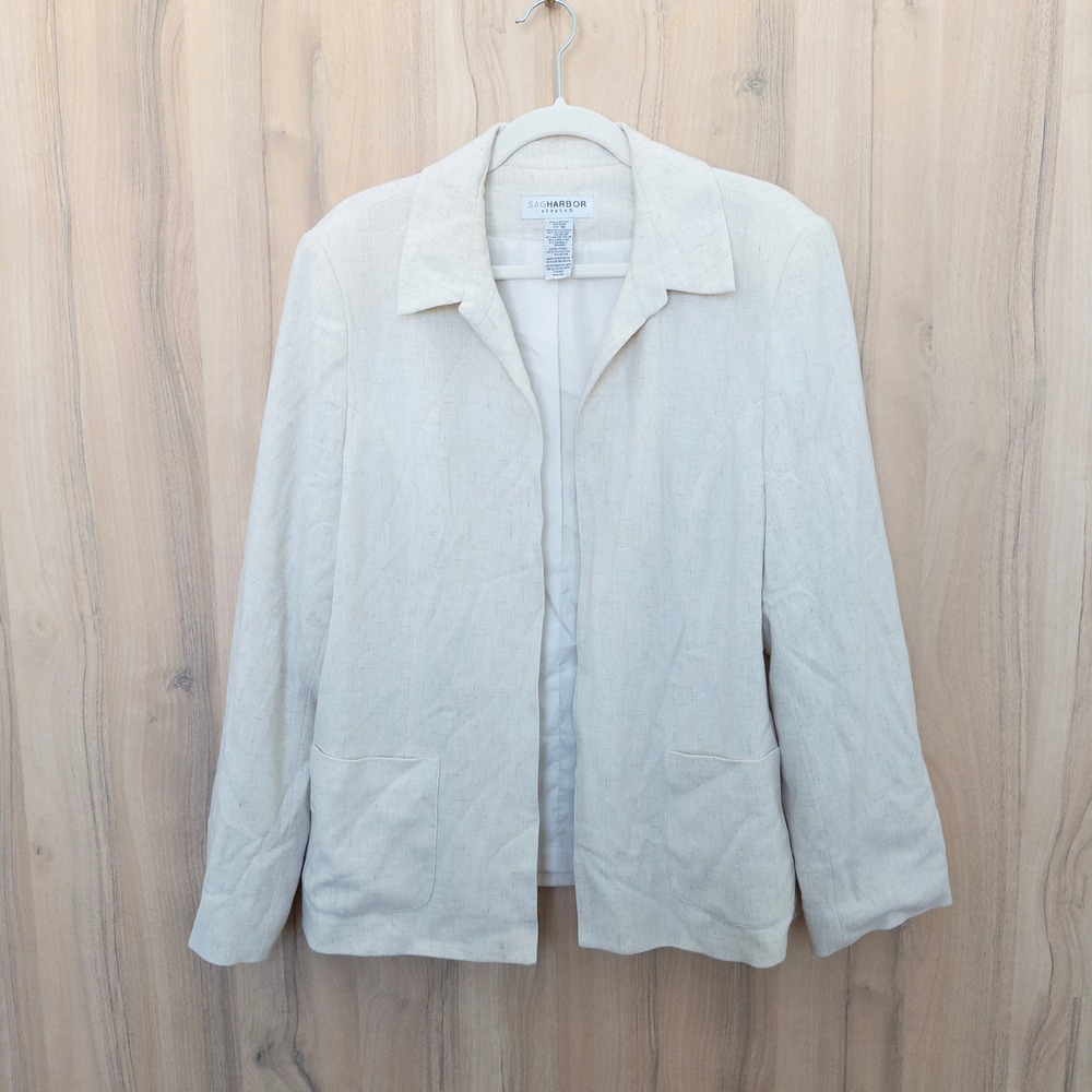 Vintage Sag Harbor Womens Linen Blazer 16 Cream Open‎ Front Coastal Minimalist